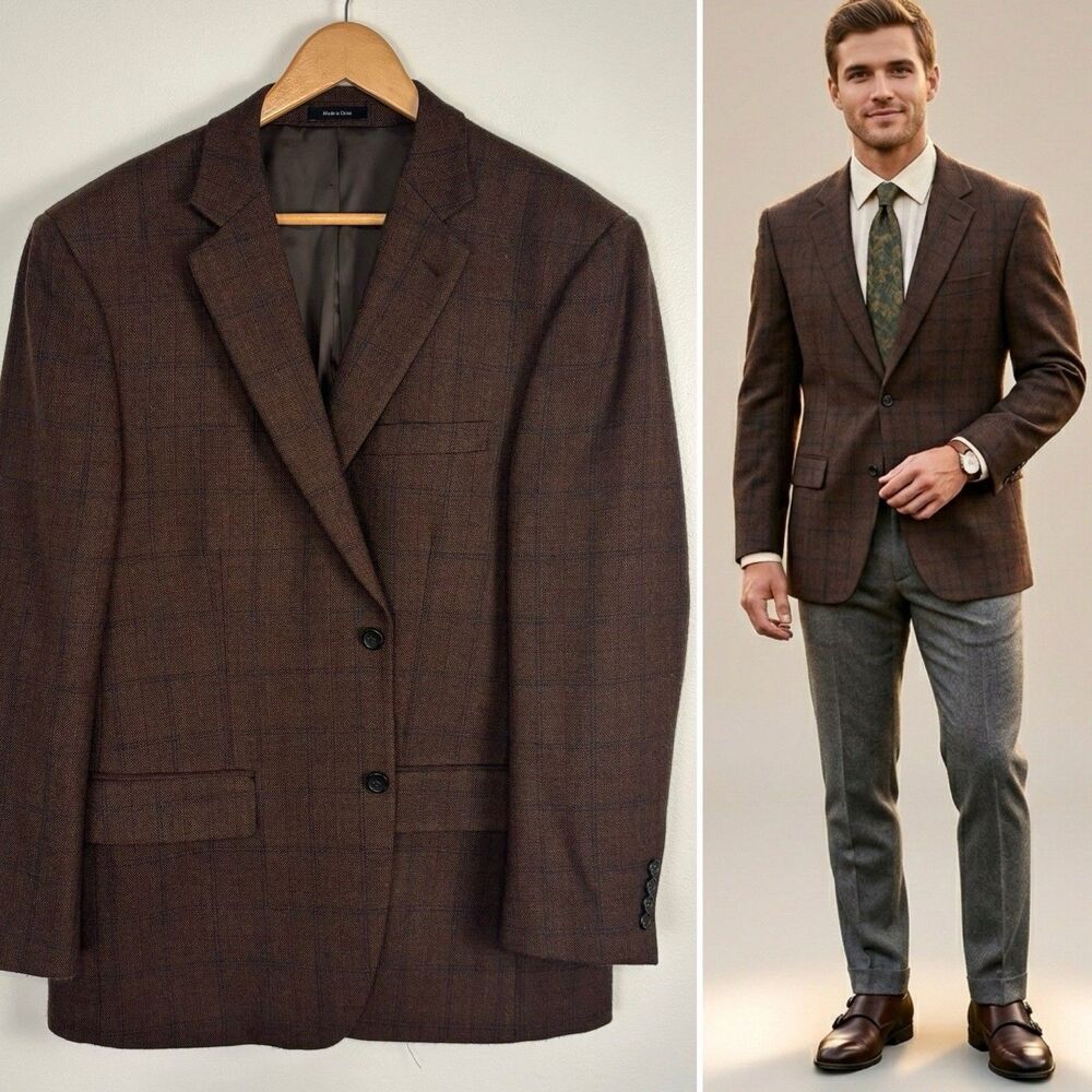 Joseph & Feiss Gold Blazer Jacket 43R 100% Wool Brown Plaid 2 Button Flaw